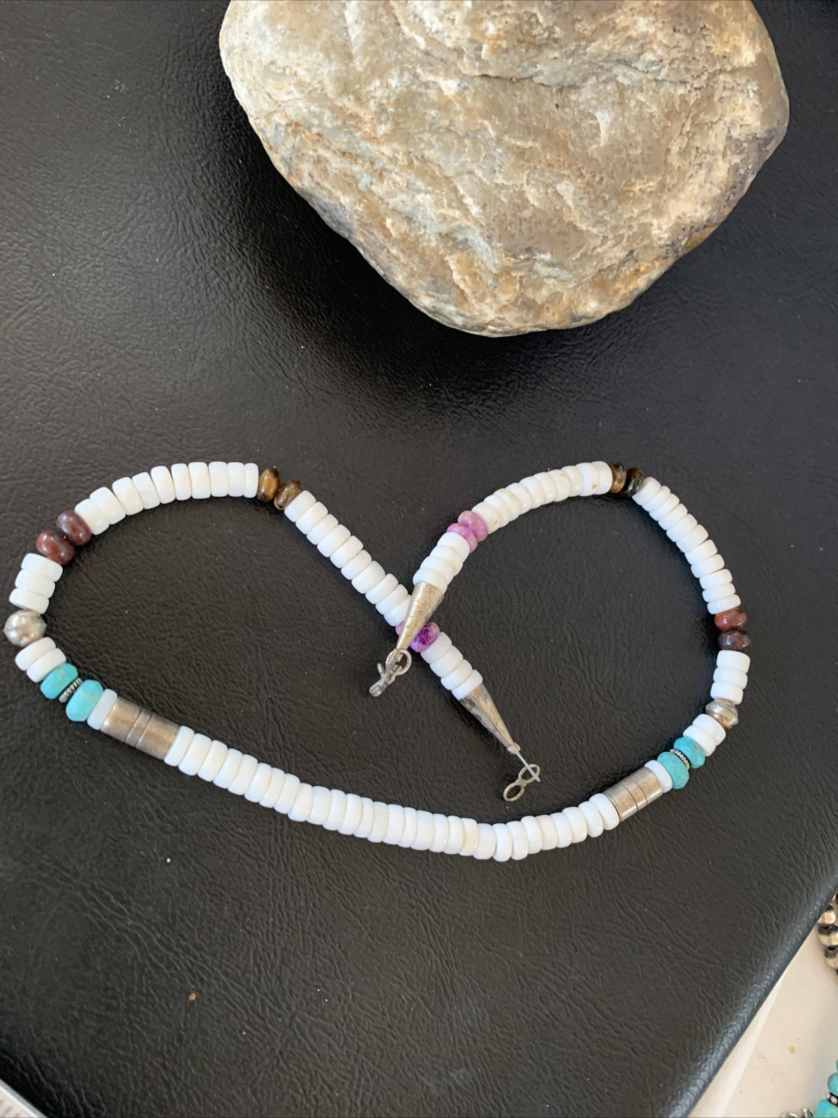 Turquoise Sugilte & Howlte Navajo Beads Sterling Silver Necklace 10395