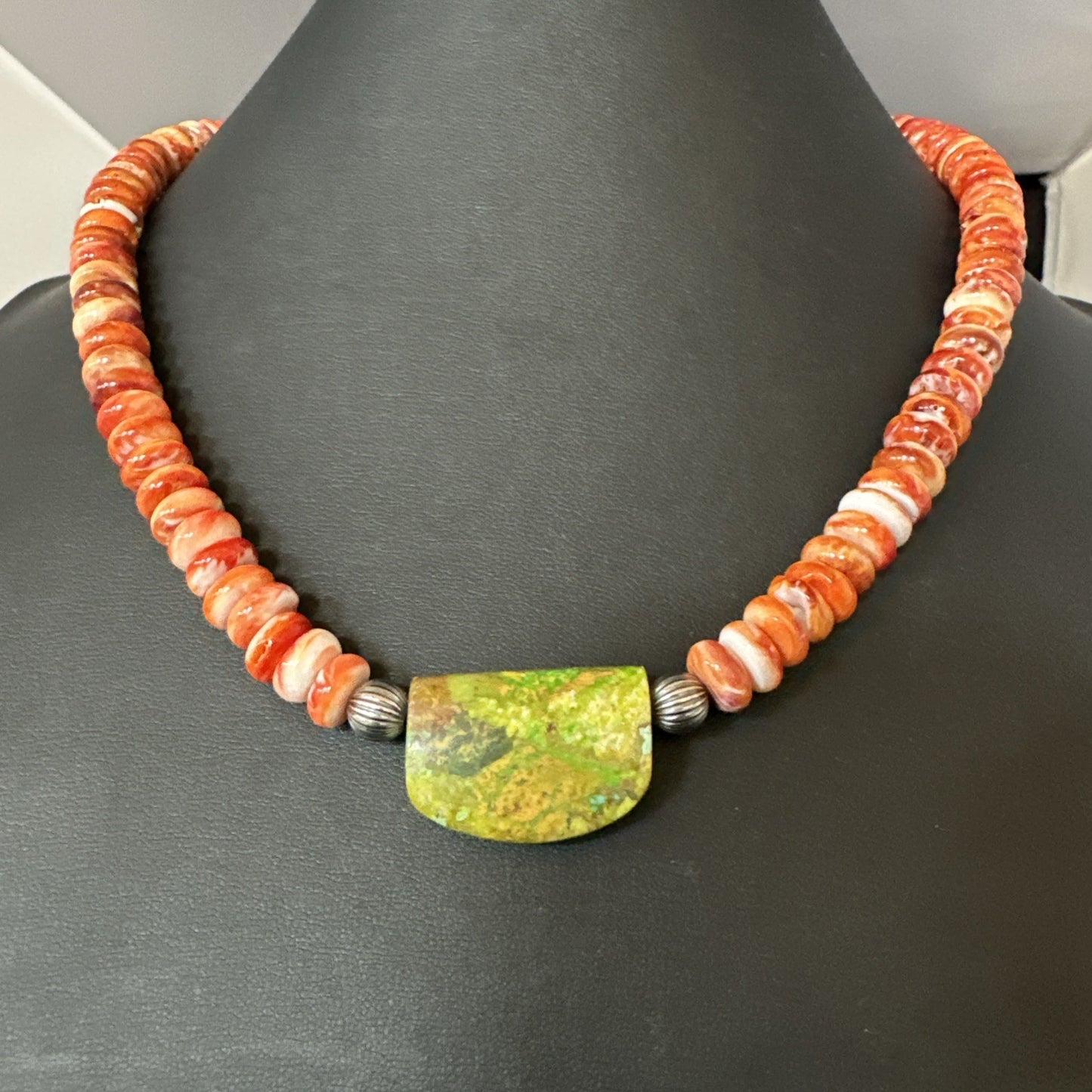 Orange Spiny  Green Turquoise Navajo Sterling Silver Pendant Necklace 20” 19636