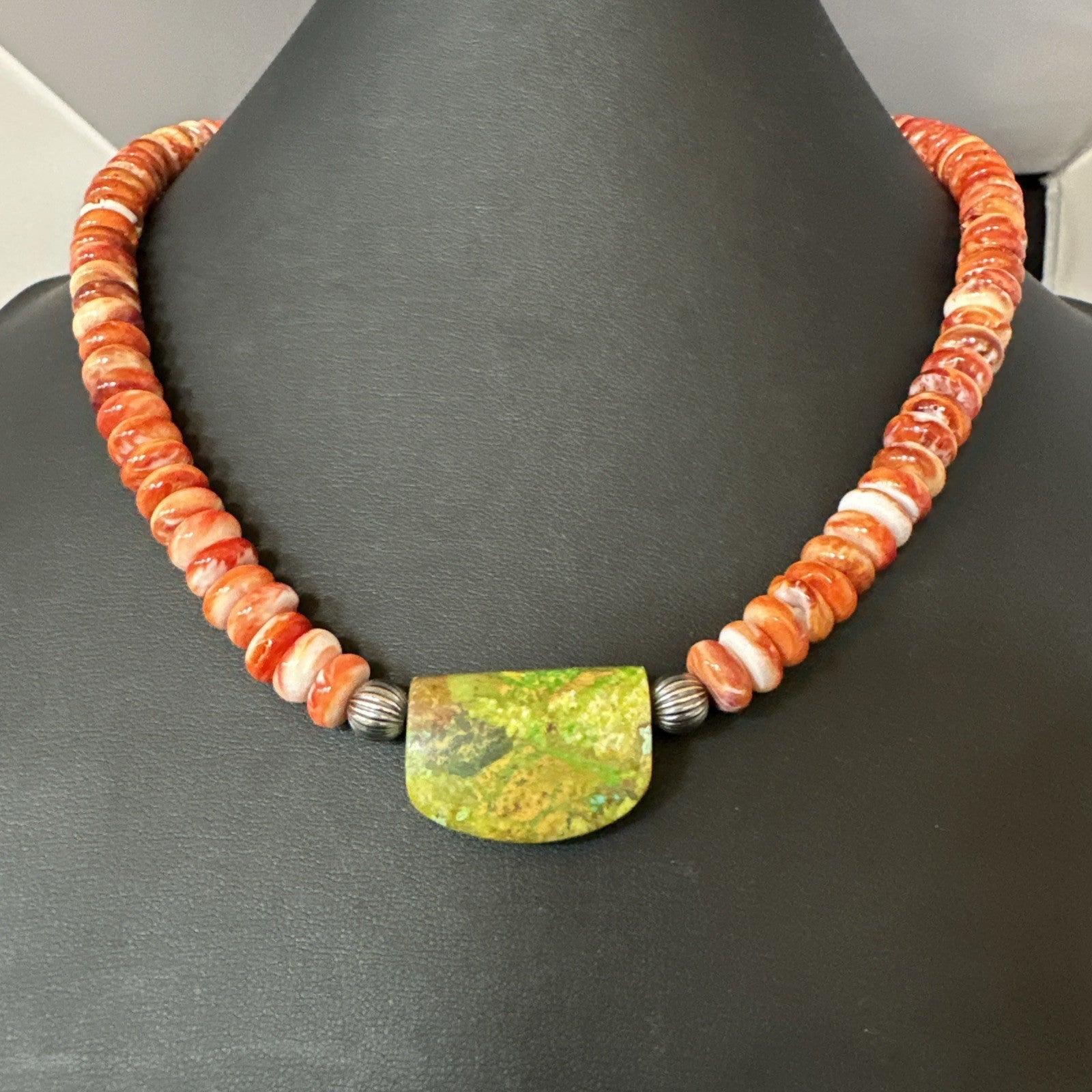 Orange Spiny  Green Turquoise Navajo Sterling Silver Pendant Necklace 20” 19636