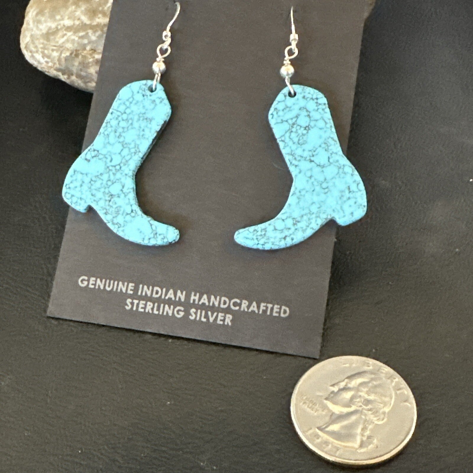 Western Cowboy Boots Navajo Slab Blue Turquoise Sterling Silver Earrings 17875