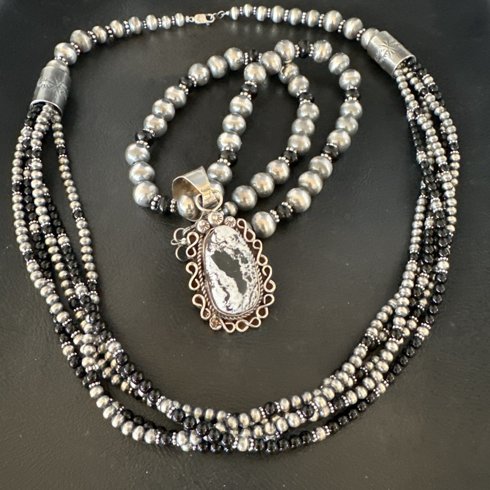 White Buffalo Black Onyx Sterling Silver Navajo Pearls Strand Necklace Set 19020