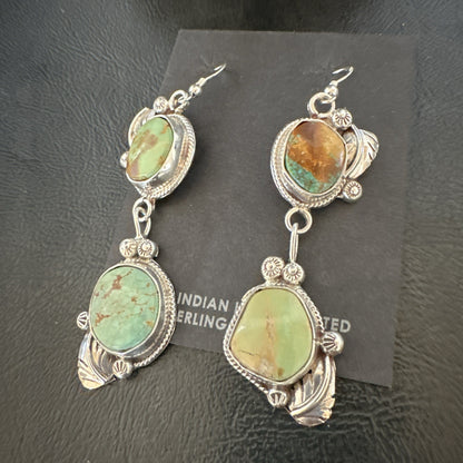 Green Royston Turquoise Navajo Sterling Silver Dangle Earrings 19600