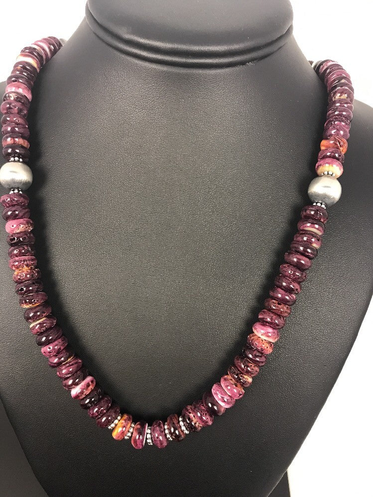 Purple Spiny Oyster 10 mm Bead Navajo Sterling Silver Beads Necklace 00409