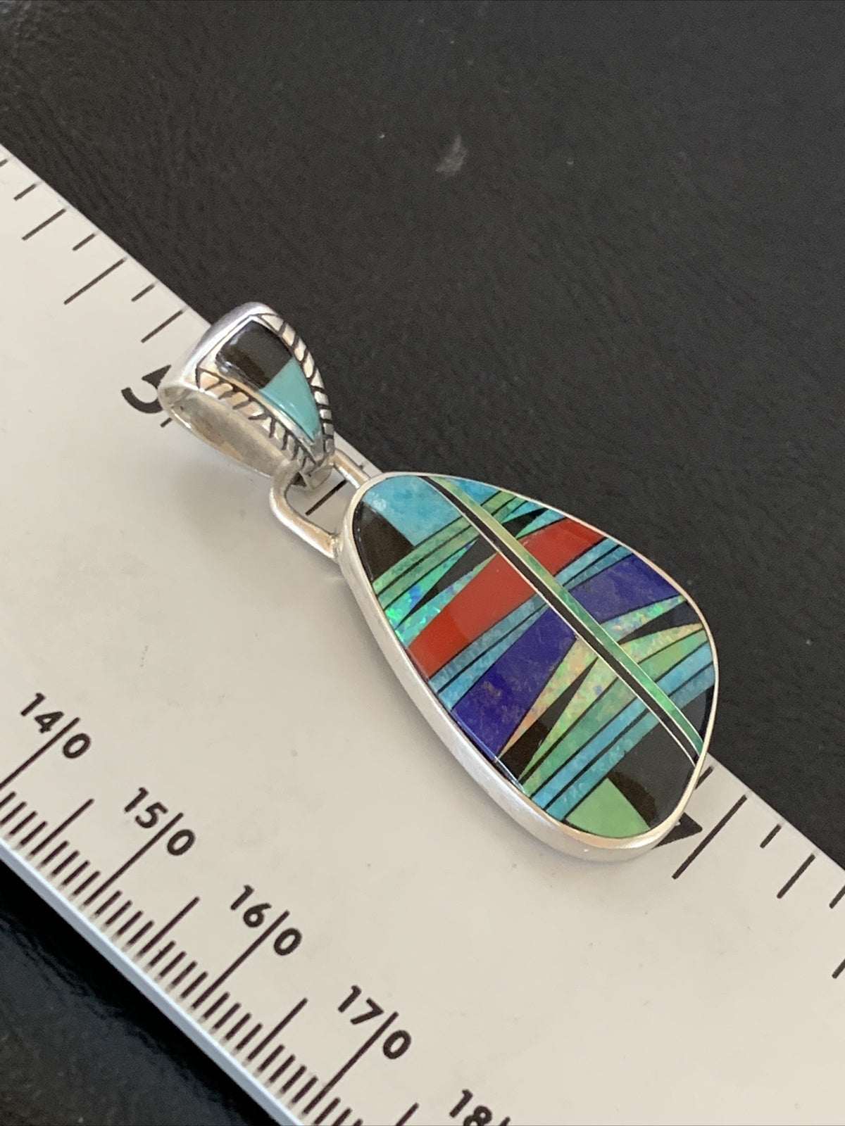 Womens Blue Turquoise Coral & Opal Navajo Sterling Silver Inlay Pendant 12493