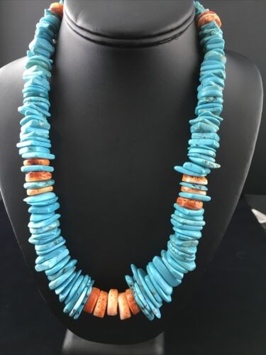 Navajo Blue Turquoise Spiny Oyster 23"Necklace | Sterling Silver | Authentic Native American Handmade | 16902