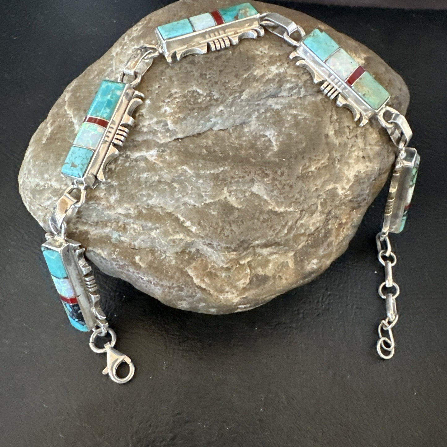 A Womens Blue Turquoise Opal Navajo Sterling Silver Link Bracelet 9" 19791
