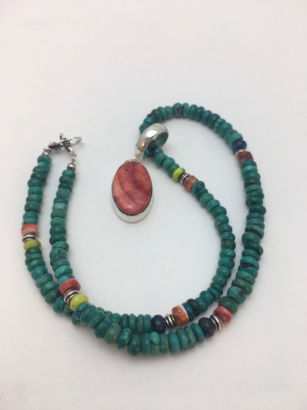 Turquoise & Spiny Oyster Pendant Pueblo Sterling Silver Necklace 08910