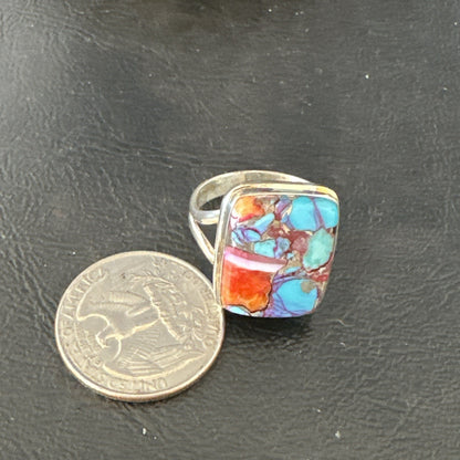 Blue Turquoise Spiny Oyster Southwestern Sterling Silver Ring Size 9 19061