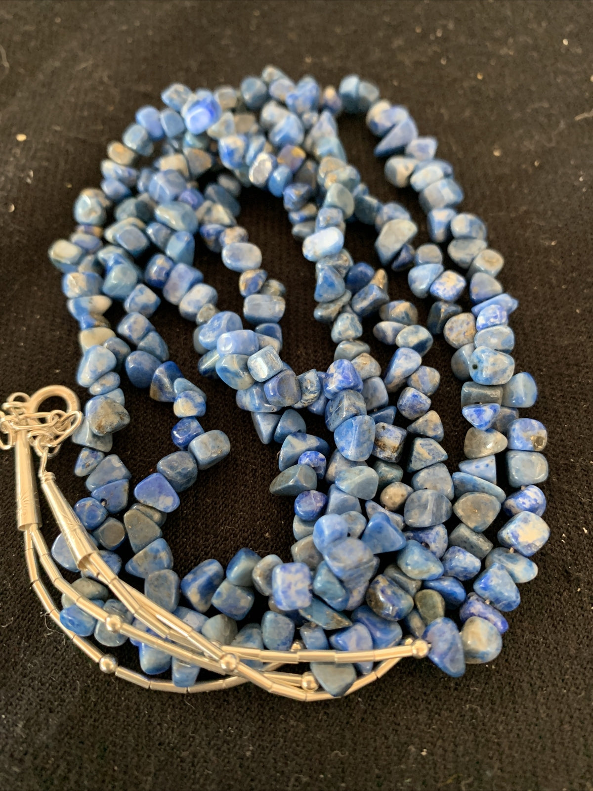 Blue Lapis Bead Liquid Heishi 2 Strands Sterling Silver Tubes Necklace 00851
