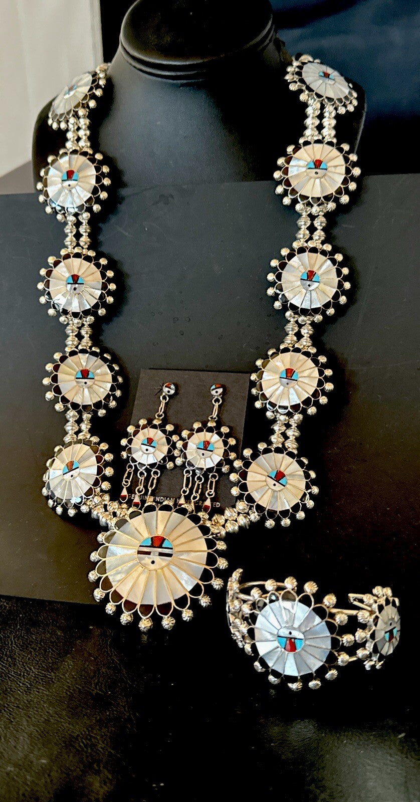 Sunface Onyx Turquoise MOP Zuni Sterling Silver Squash Necklace Bracelet 18148