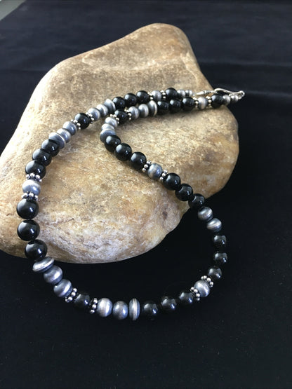 Mens Black Onyx Navajo Sterling Silver Bead Necklace 1743