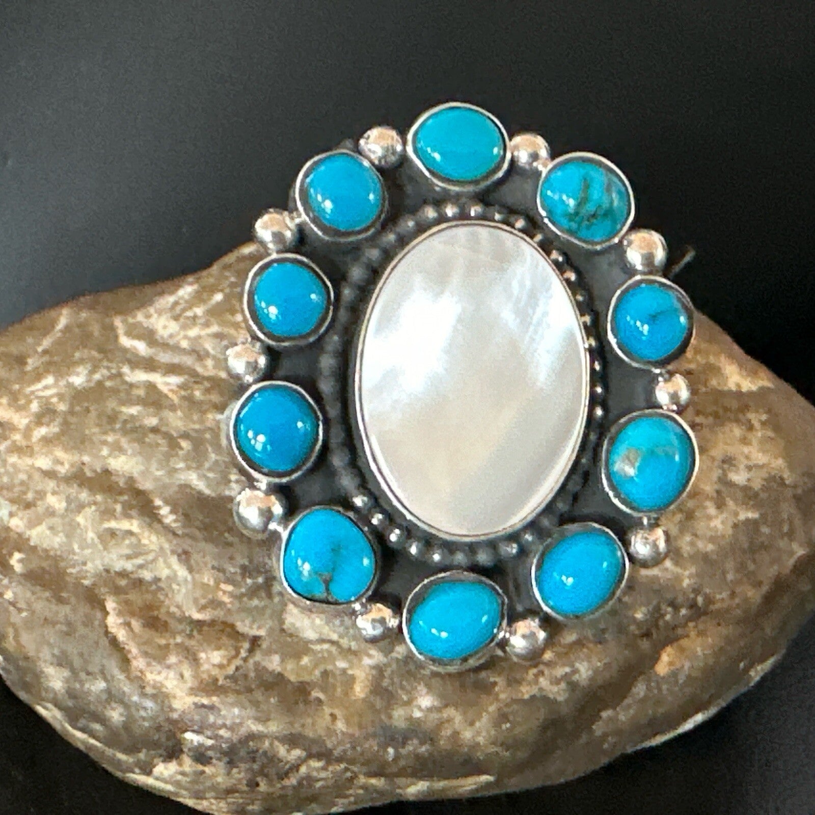 Blue Kingman Turquoise MOP Navajo Sterling Silver Cluster Ring Size 10 18395