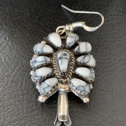 Cluster Navajo White Buffalo Turquoise Sterling Silver Dangle Earrings 12837
