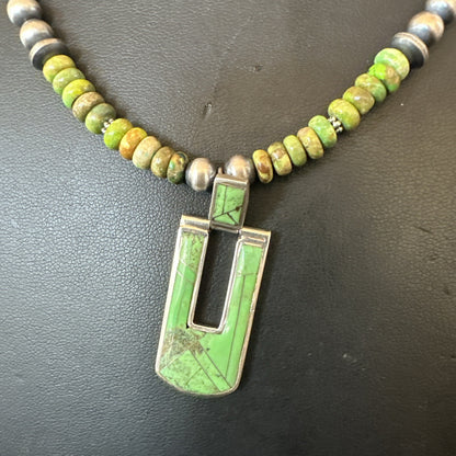 Womens Green Gaspeite Turquoise Pendant Navajo Sterling Silver Necklace 18367
