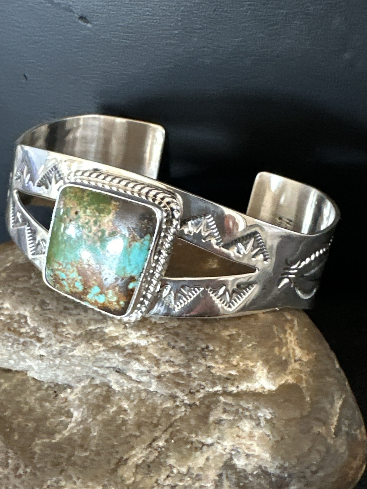 Green Royston Turquoise Navajo Sterling Silver Cuff Bracelet 17856