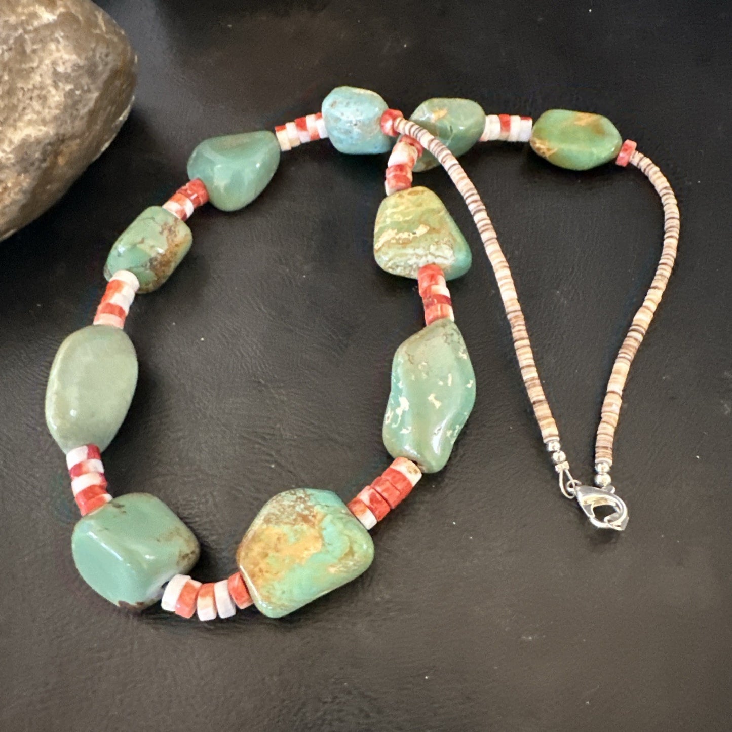 Navajo Green Turquoise Red Spiny Oyster Necklace Sterling 23" 19717