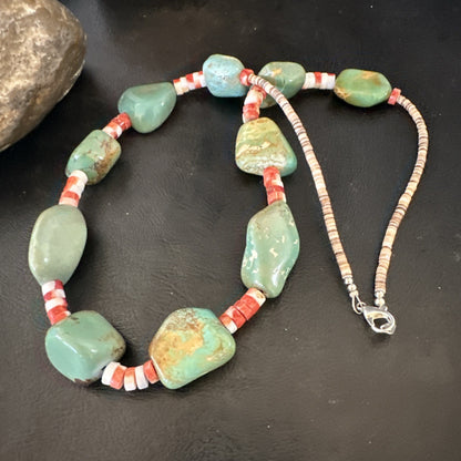 Navajo Green Turquoise Red Spiny Oyster Necklace Sterling 23" 19717