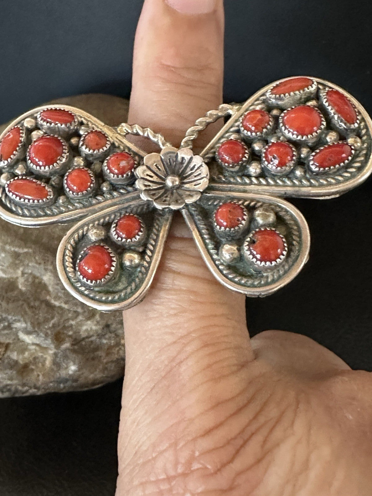 Red Coral Butterfly Sterling Silver Cluster Navajo Ring Size 8 00988