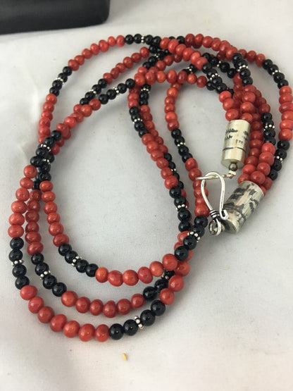 Red Bamboo Coral Black Onyx 3 Strand Sterling Silver Necklace 3246
