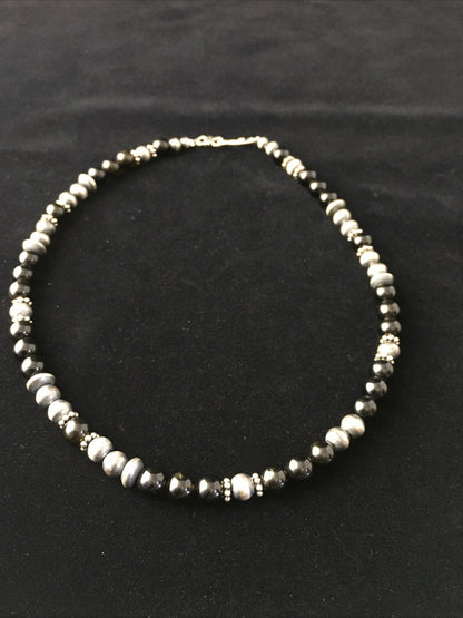 Mens Black Onyx Navajo Sterling Silver Bead Necklace 1743