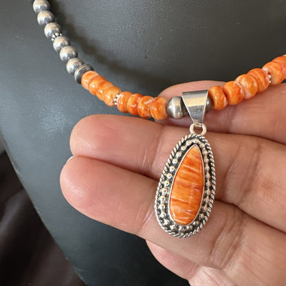 Orange Spiny Oyster Navajo Pearls Sterling Silver Necklace Pendant 18678
