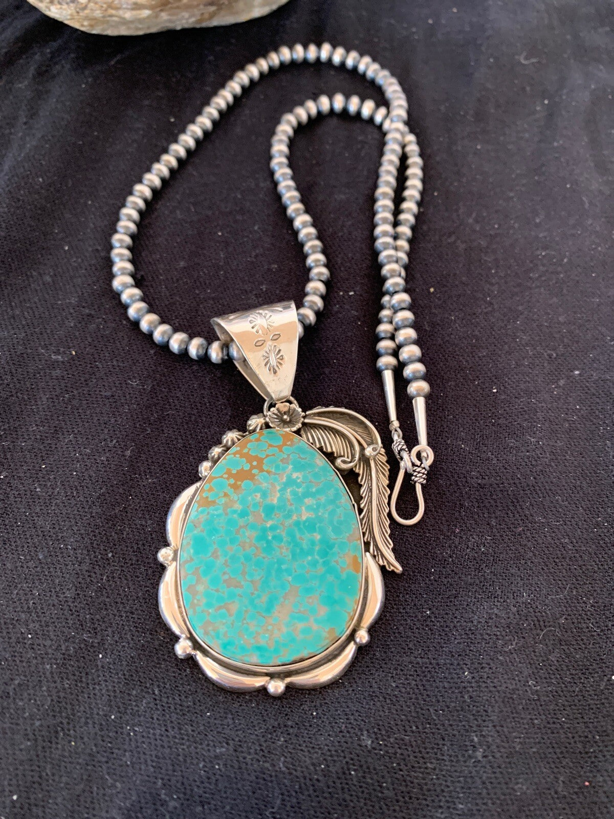 Mens Turquoise #8 Pendant Navajo Sterling Silver Beads Necklace 04619