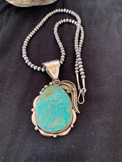 Mens Turquoise #8 Pendant Navajo Sterling Silver Beads Necklace 04619