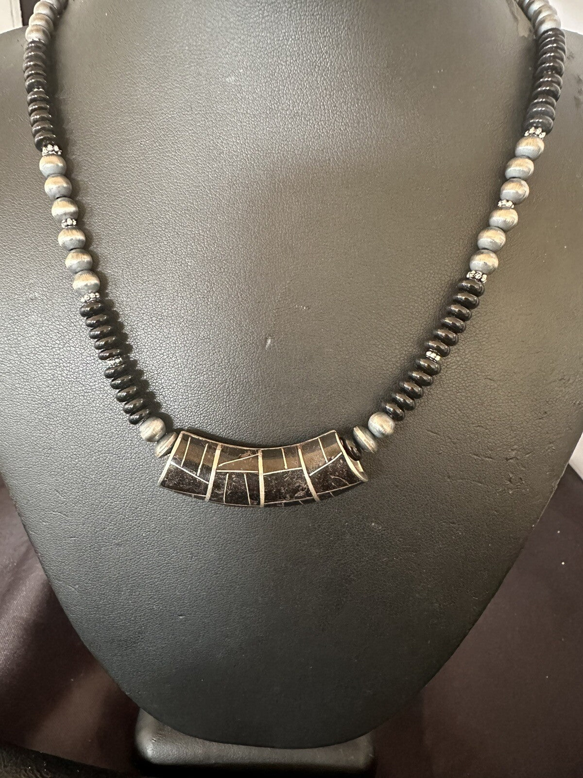 Mens Womens Black Onyx Pendant Navajo Sterling Silver Beads Necklace 18330