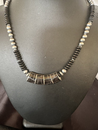 Mens Womens Black Onyx Pendant Navajo Sterling Silver Beads Necklace 18330