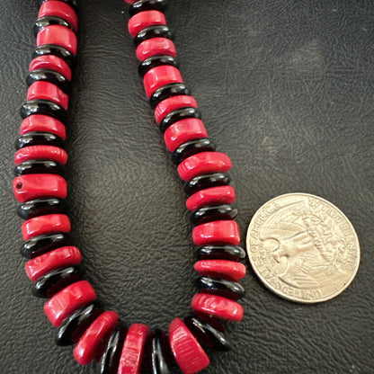 Mens Womens Red Coral Black Onyx  Navajo Sterling Silver Necklace 10mm 17869