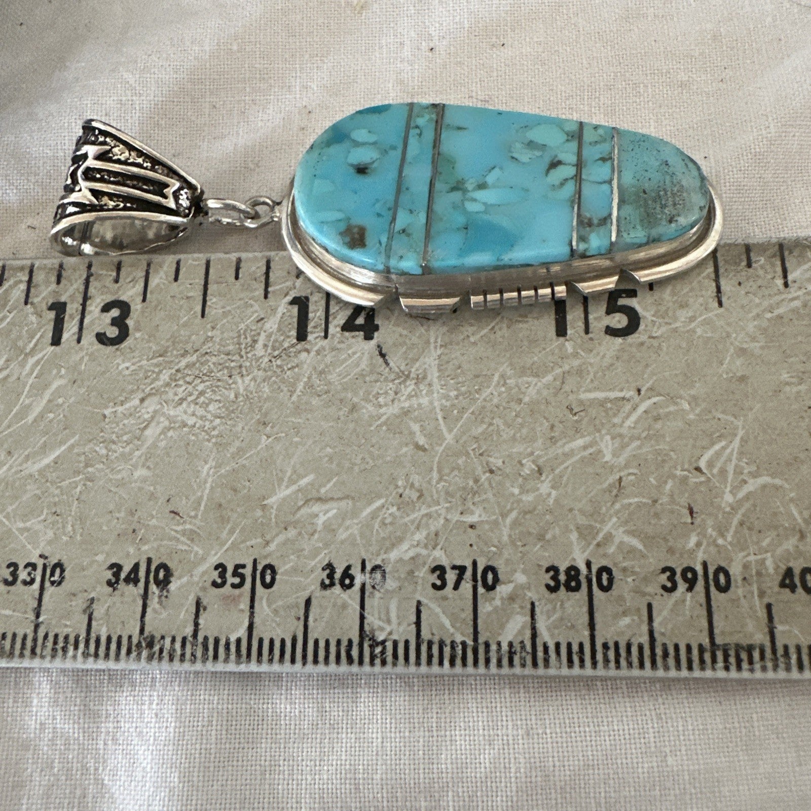 Navajo B E Inlay 925 Sterling Silver Turquoise Pendant Cobblestone 2.5" 19399