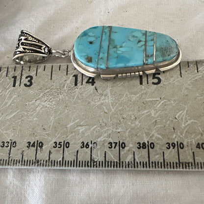 Navajo B E Inlay 925 Sterling Silver Turquoise Pendant Cobblestone 2.5" 19399