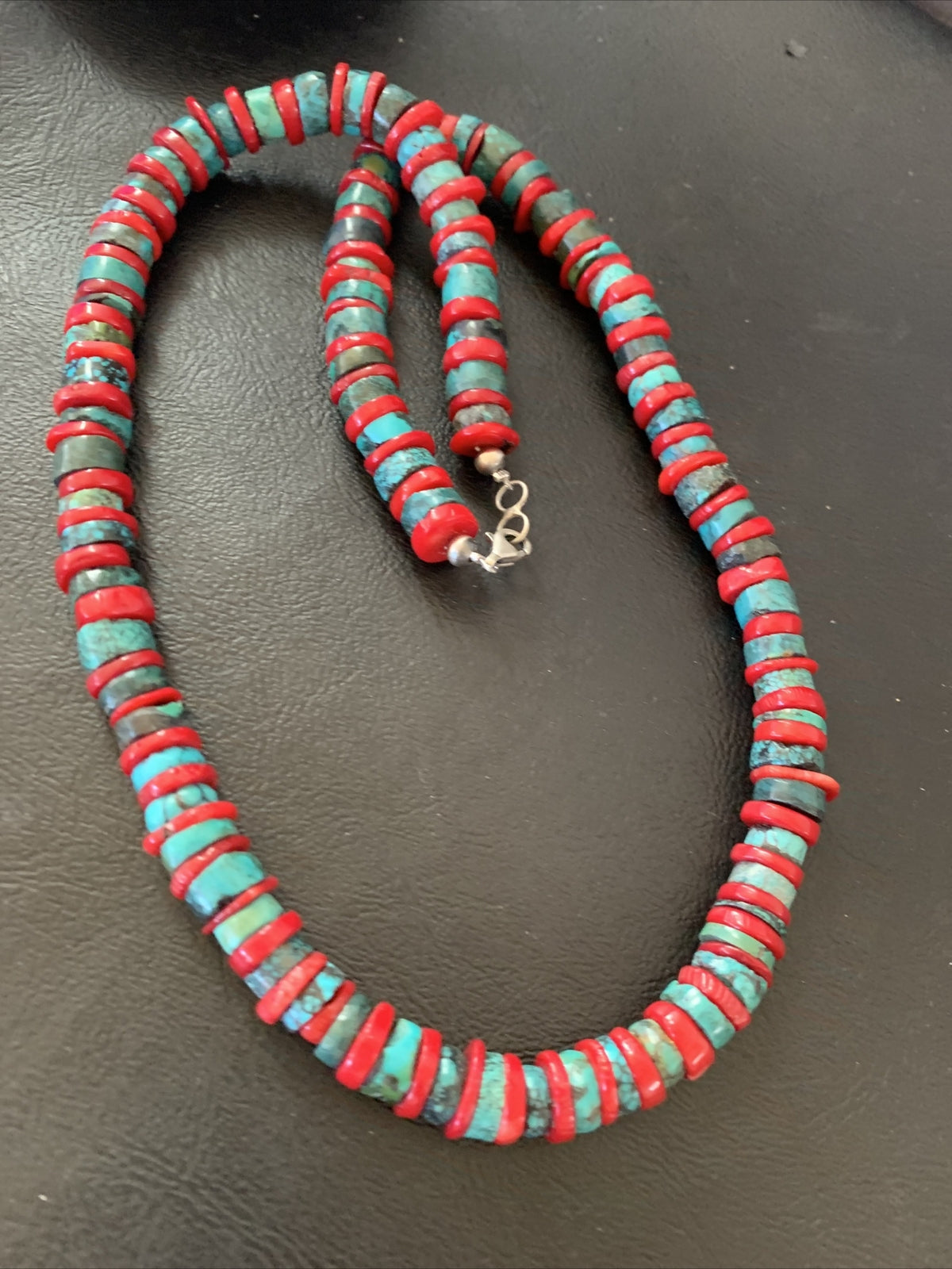 Mens Turquoise & Coral Heishi Navajo Sterling Silver Necklace 22” 14689