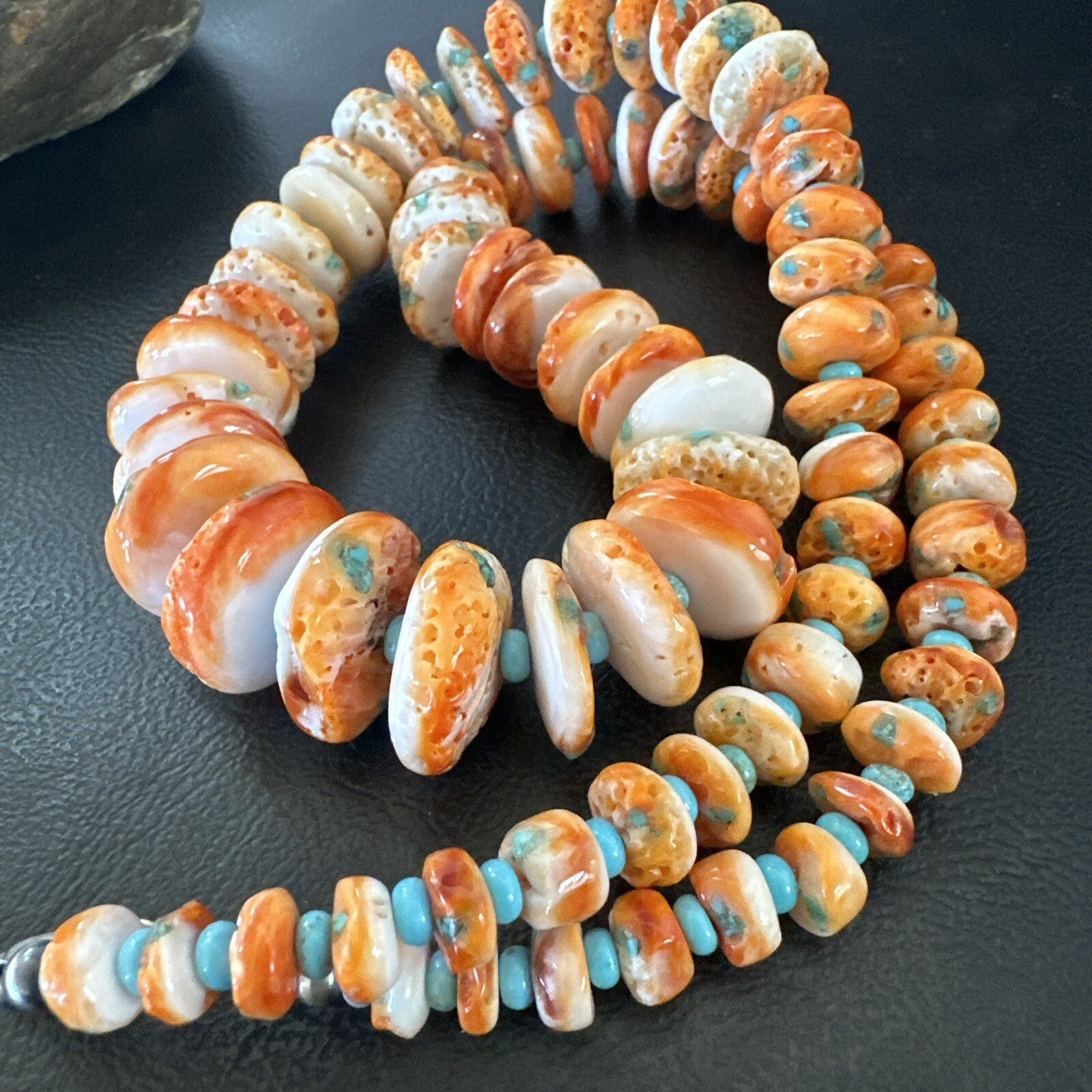 Orange Spiny Oyster Blue Turquoise Navajo Sterling Silver Necklace 23" 18087
