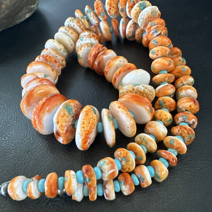 Orange Spiny Oyster Blue Turquoise Navajo Sterling Silver Necklace 23" 18087
