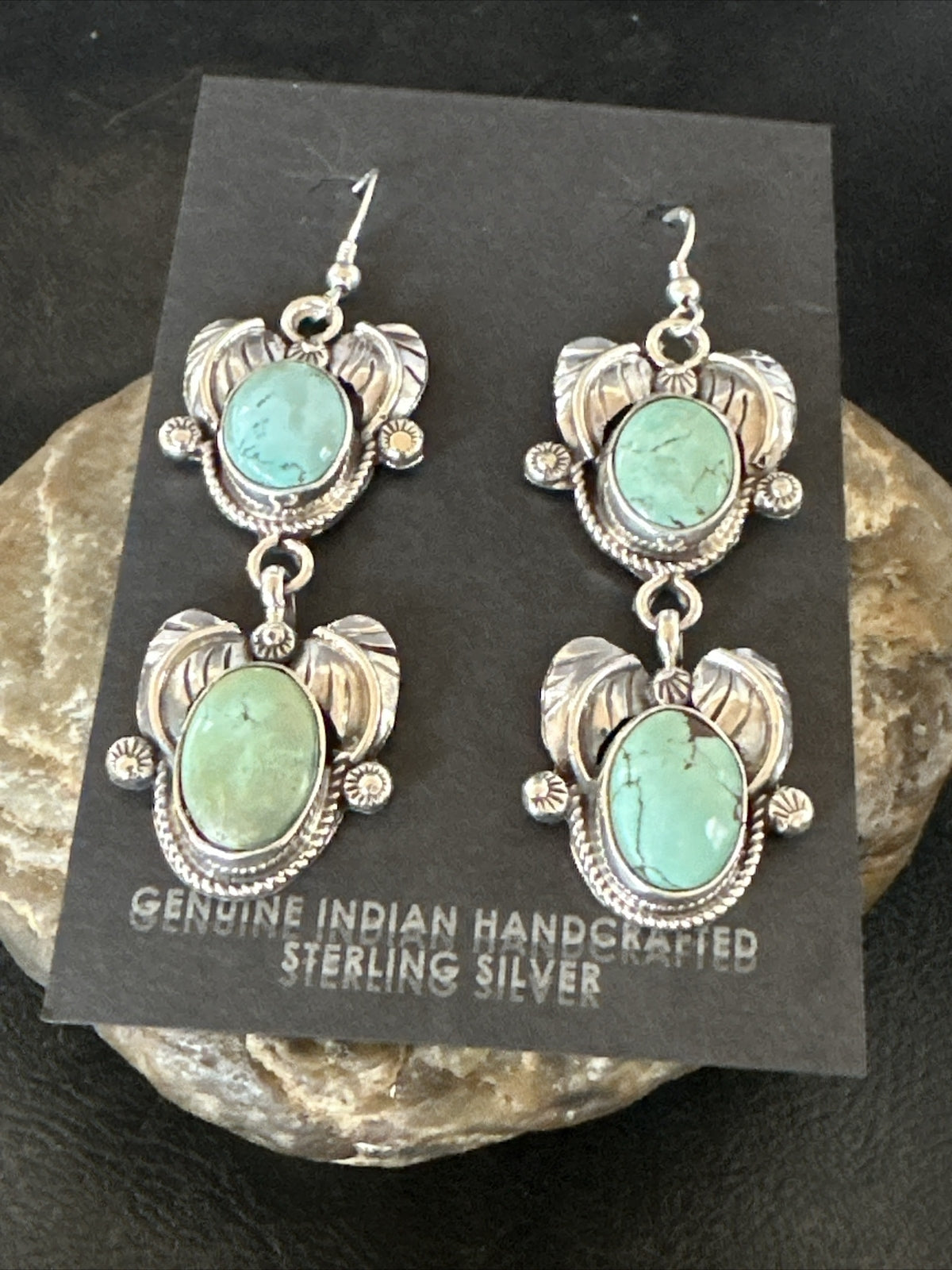 Native Navajo Blue Creek Turquoise Sterling Silver Dangle Earrings 2” 17918