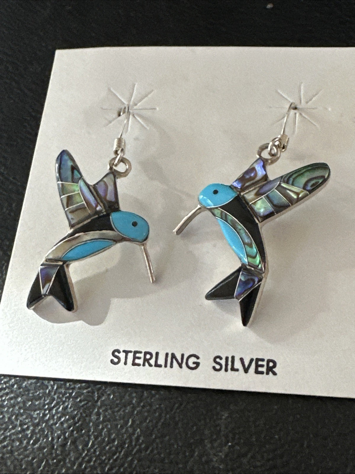 Blue Turquoise Pava Shell Sterling Silver Hummingbird Dangle Earrings 19814