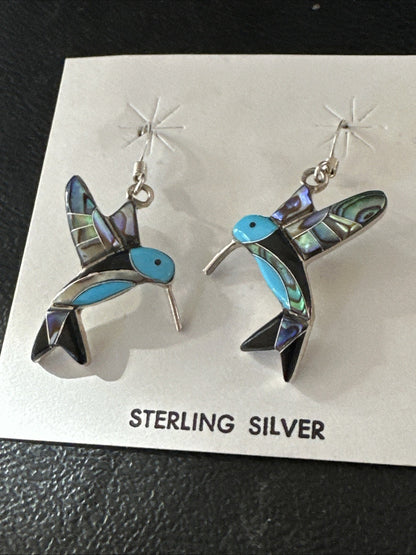 Blue Turquoise Pava Shell Sterling Silver Hummingbird Dangle Earrings 19814