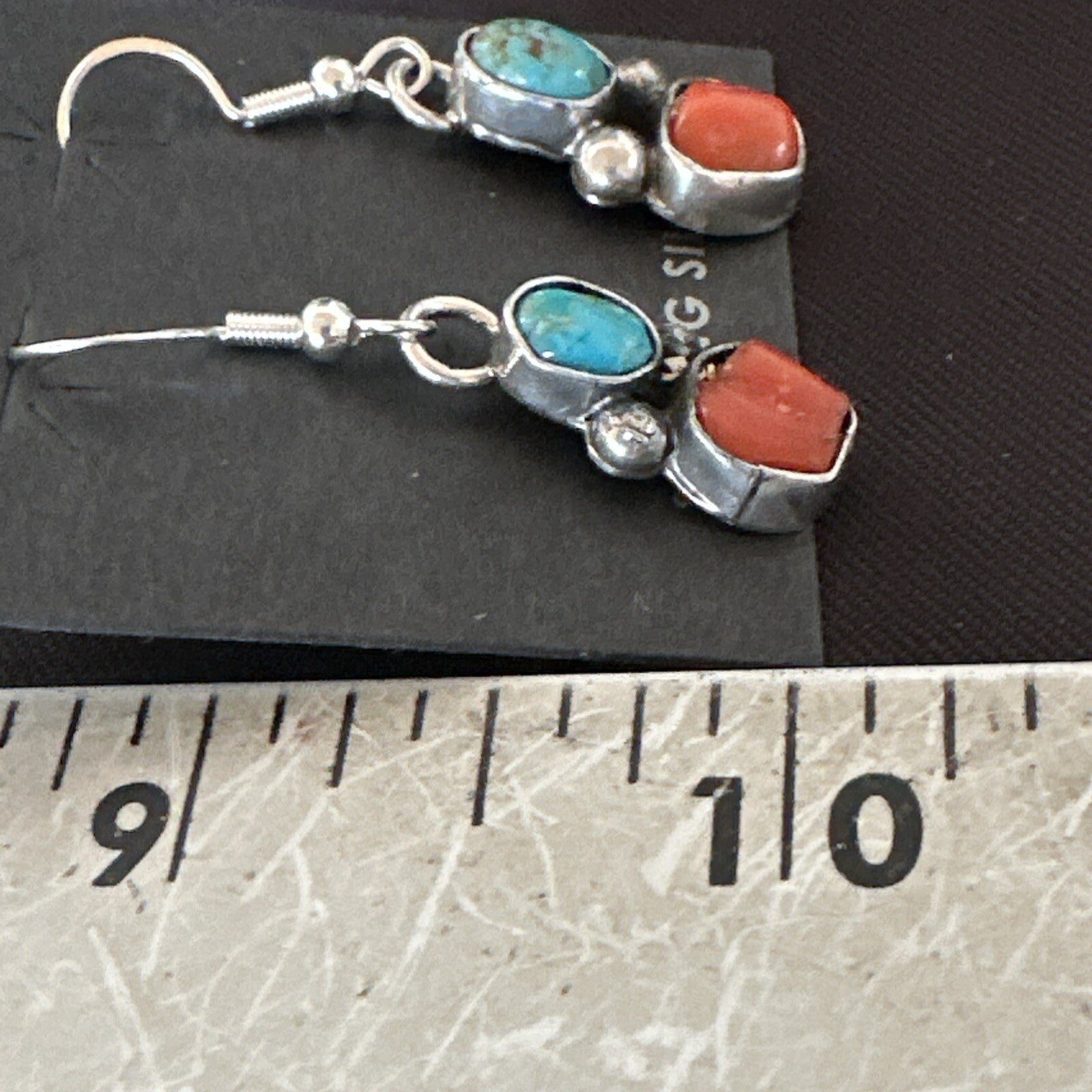 Handmade Blue Turquoise Red Coral Sterling Silver Navajo Dangle Earrings 18840