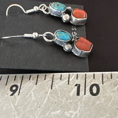 Handmade Blue Turquoise Red Coral Sterling Silver Navajo Dangle Earrings 18840