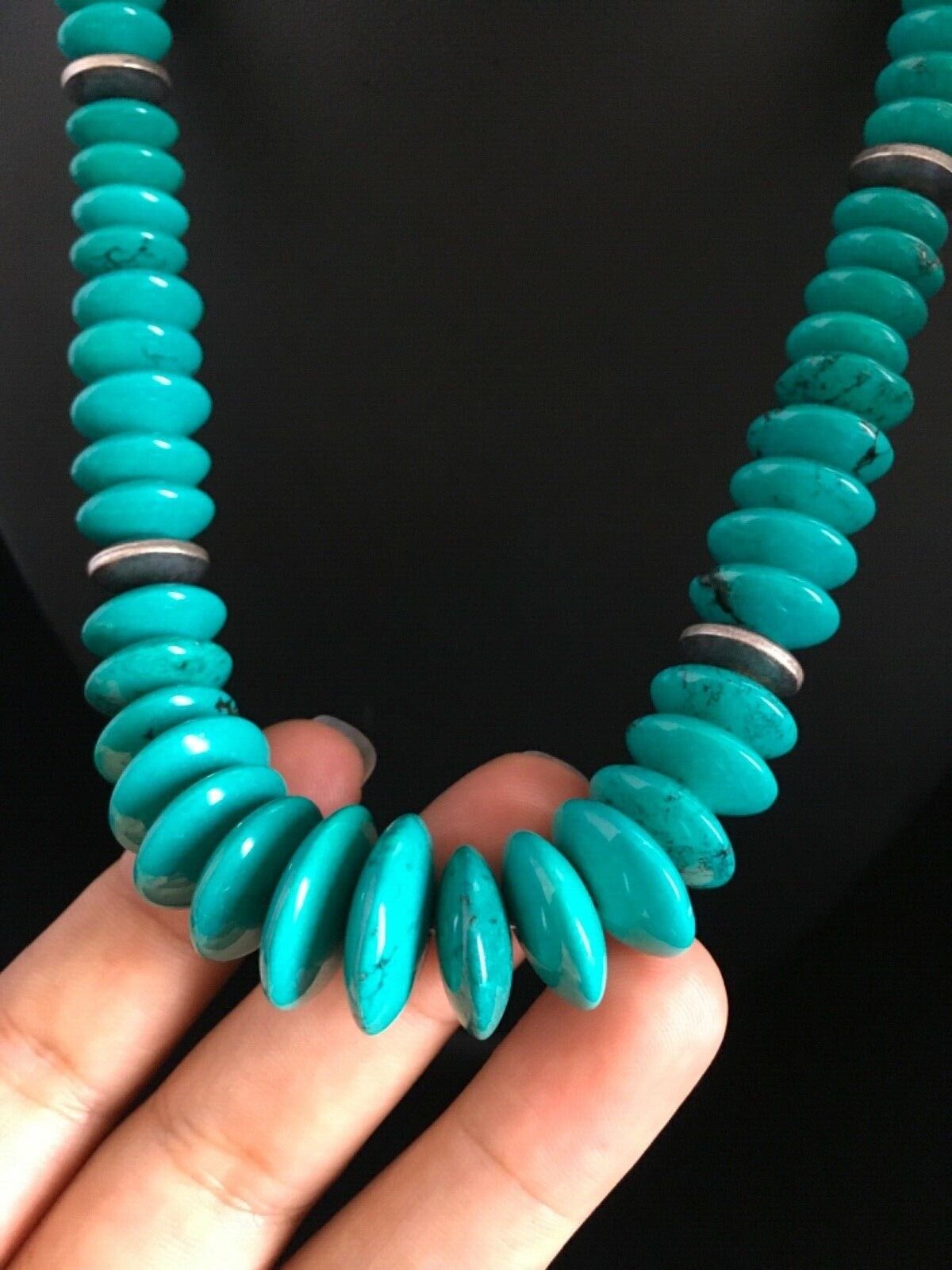 Navajo Teal Blue Turquoise Necklace Sterling Silver 18" Handmade 1730
