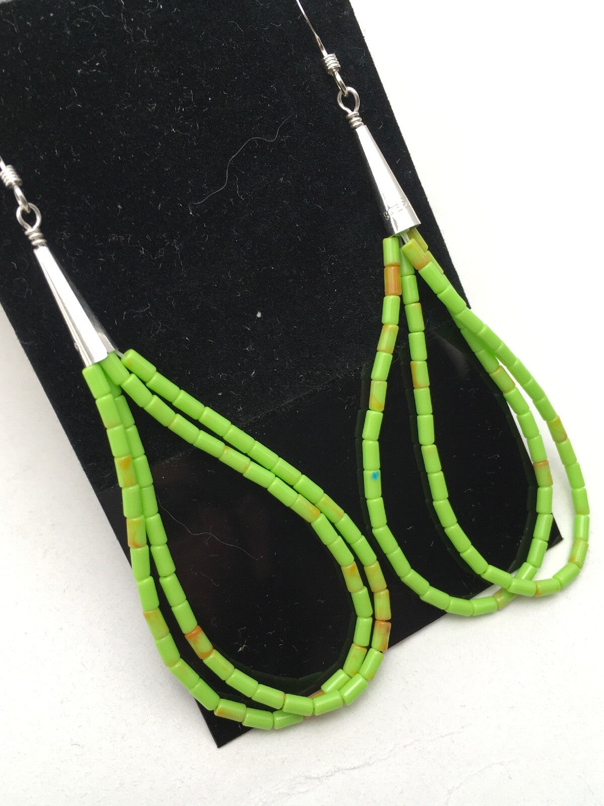 Gift Liquid Silver Heishi Dangle Green Gaspeite Sterling 2S Earrings 2.5” 4370