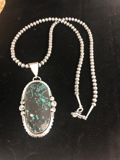Green SpiderWeb Turquoise Pendant Navajo Pearls Sterling Silver Necklace 1329