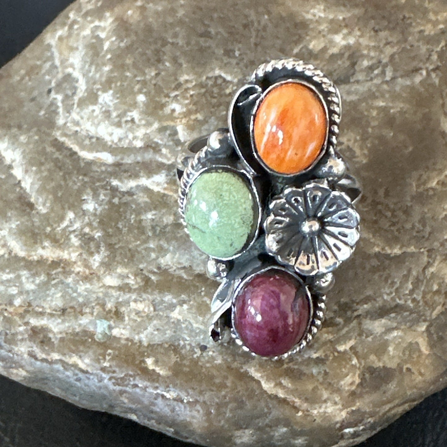 Multicolor Ring Turquoise Spiny Navajo Sterling Silver Cluster Size 8 19169