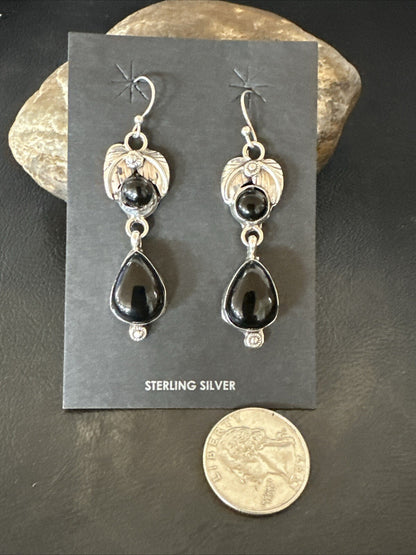 Black Onyx Navajo Sterling Silver Dangle Earrings 1.5" 18284