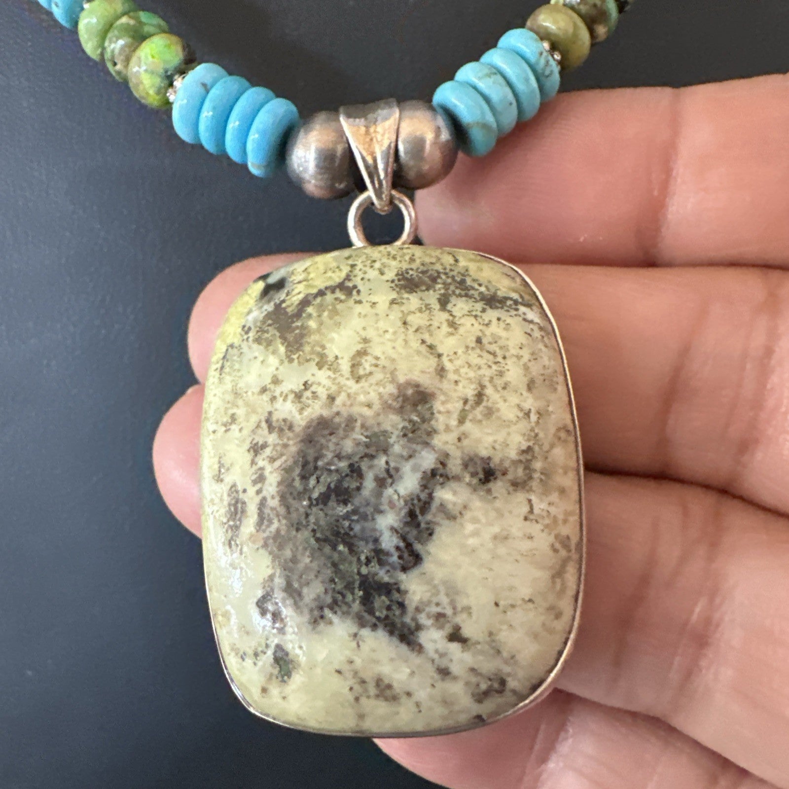 Green Gaspeite Pendant Blue Turquoise Navajo Sterling Silver Necklace 20" 19672