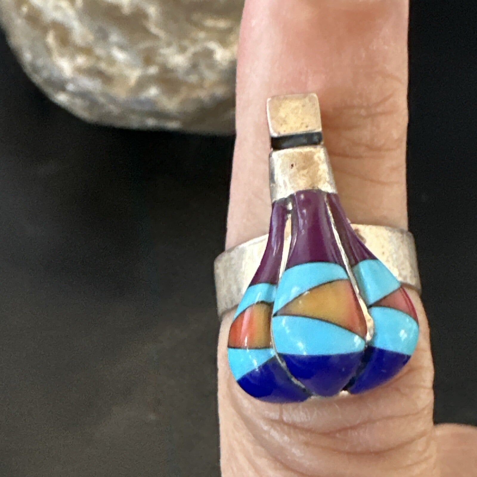 Navajo Balloon Blue Lapis Multicolor Turquoise Inlay Band Ring Sz 7 18190