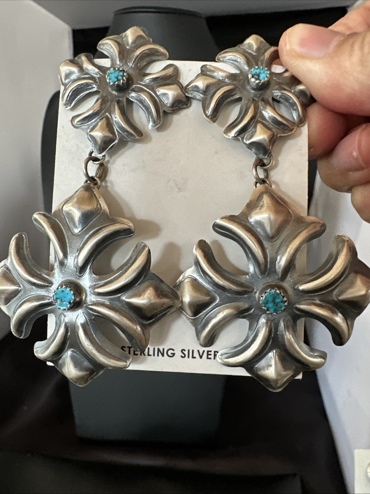 Womens Stamped Blue Turquoise Dangle Earrings Navajo Sterling Silver 19784