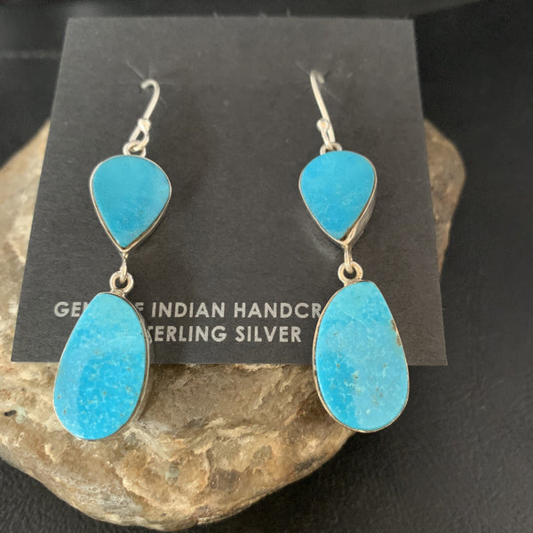 Kingman Turquoise Navajo Dangle Earrings 1.5" | Sterling Silver | Authentic Native American Handmade | 14105