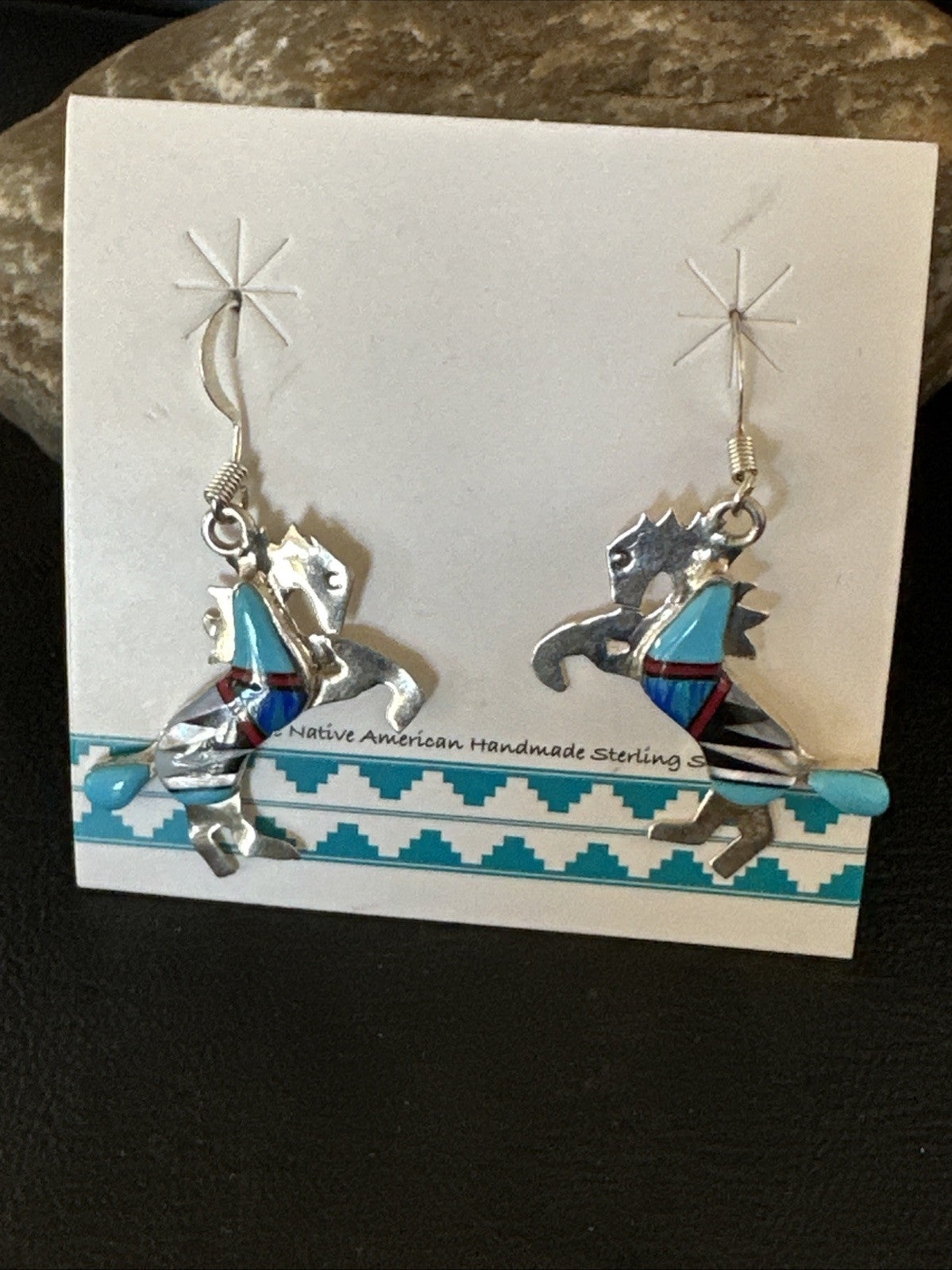 Blue Turquoise Coral Horse Inlay Navajo Sterling Silver Earrings 19827